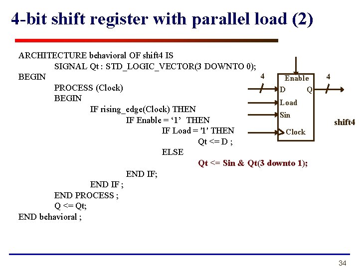 4 -bit shift register with parallel load (2) ARCHITECTURE behavioral OF shift 4 IS