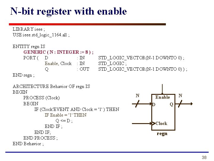 N-bit register with enable LIBRARY ieee ; USE ieee. std_logic_1164. all ; ENTITY regn