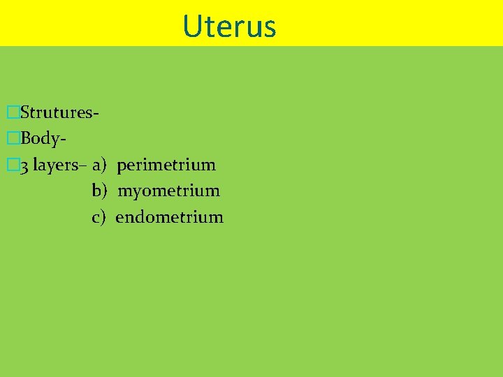 Uterus �Strutures�Body� 3 layers– a) perimetrium b) myometrium c) endometrium 