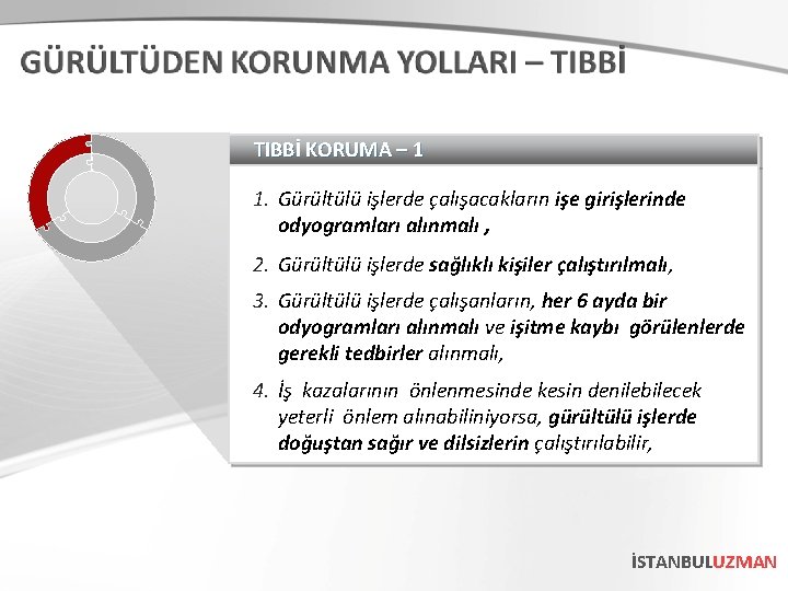 TIBBİ KORUMA – 1 1. Gürültülü işlerde çalışacakların işe girişlerinde odyogramları alınmalı , 2.