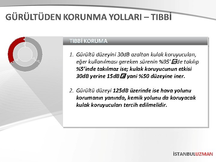 TIBBİ KORUMA 1. Gürültü düzeyini 30 d. B azaltan kulak koruyucuları, eğer kullanılması gereken