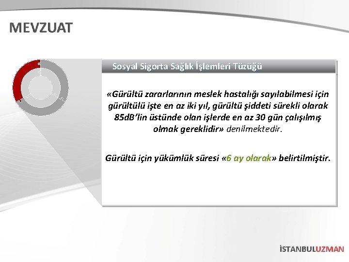 Sosyal Sigorta Sağlık İşlemleri Tüzüğü «Gürültü zararlarının meslek hastalığı sayılabilmesi için gürültülü işte en