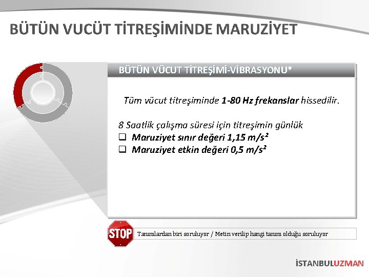 BÜTÜN VÜCUT TİTREŞİMİ-VİBRASYONU* Tüm vücut titreşiminde 1 -80 Hz frekanslar hissedilir. 8 Saatlik çalışma