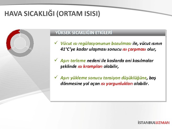 YÜKSEK SICAKLIĞIN ETKİLERİ ü Vücut ısı regülasyonunun bozulması ile, vücut ısının 41°C’ye kadar ulaşması