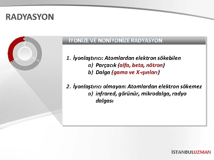 İYONİZE VE NONİYONİZE RADYASYON 1. İyonlaştırıcı: Atomlardan elektron sökebilen a) Parçacık (alfa, beta, nötron)