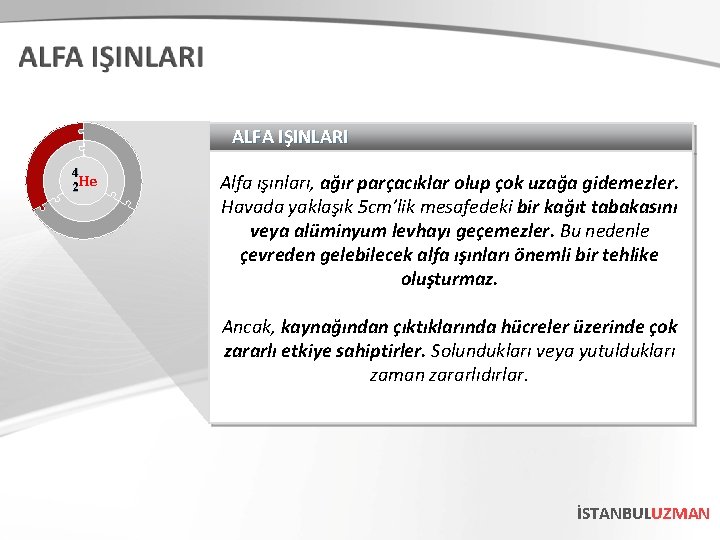 ALFA IŞINLARI 4 2 He Alfa ışınları, ağır parçacıklar olup çok uzağa gidemezler. Havada