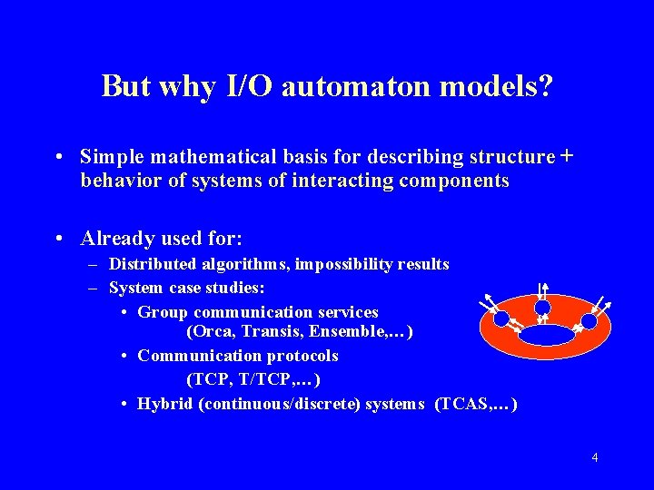 But why I/O automaton models? • Simple mathematical basis for describing structure + behavior