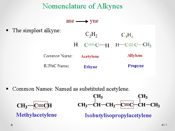 Nomenclature of Alkynes ane yne § The simplest alkyne: § Common Names: Named as
