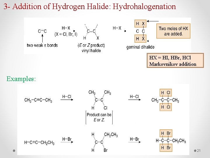 3 - Addition of Hydrogen Halide: Hydrohalogenation HX = HI, HBr, HCl Markovnikov addition
