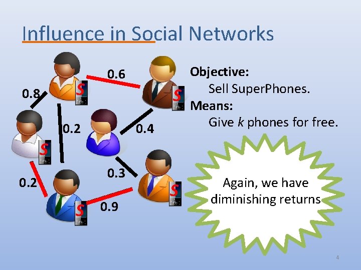 Influence in Social Networks 0. 8 S S Objective: Sell Super. Phones. Means: Give