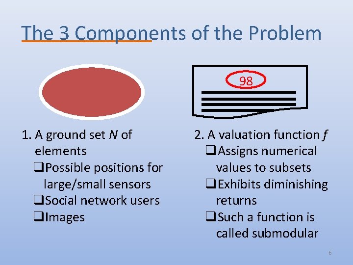 The 3 Components of the Problem 98 1. A ground set N of elements