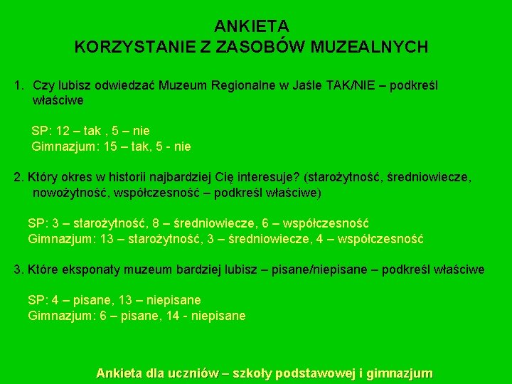 ANKIETA KORZYSTANIE Z ZASOBÓW MUZEALNYCH 1. Czy lubisz odwiedzać Muzeum Regionalne w Jaśle TAK/NIE