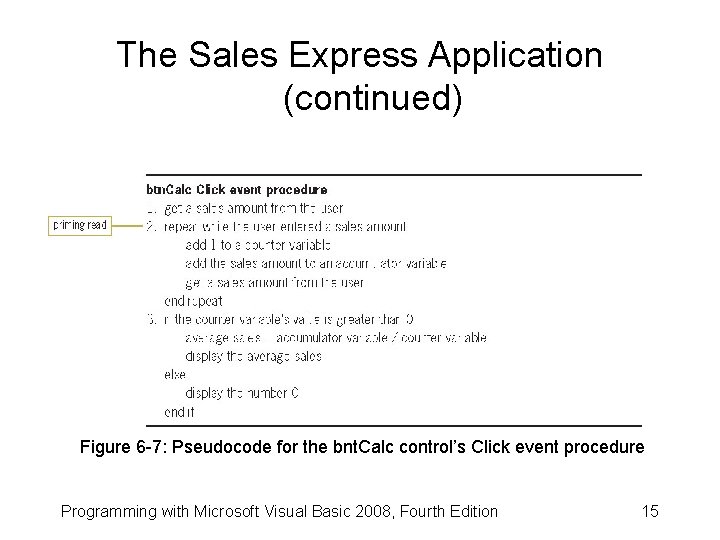 The Sales Express Application (continued) Figure 6 -7: Pseudocode for the bnt. Calc control’s