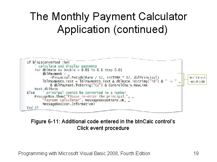 The Monthly Payment Calculator Application (continued) Figure 6 -11: Additional code entered in the