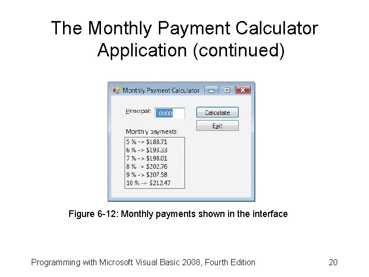 The Monthly Payment Calculator Application (continued) Figure 6 -12: Monthly payments shown in the