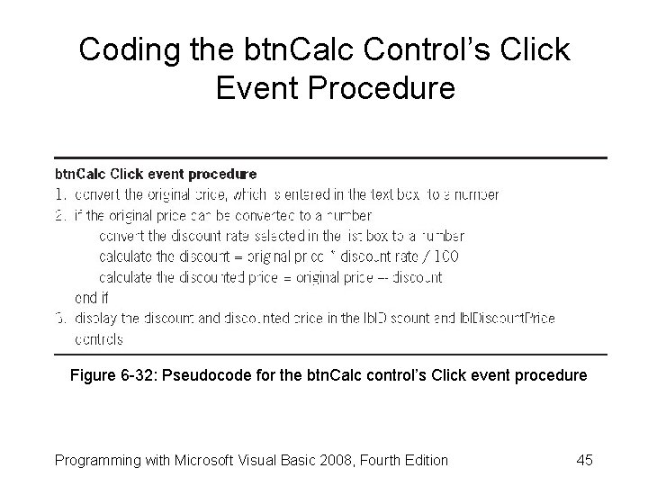 Coding the btn. Calc Control’s Click Event Procedure Figure 6 -32: Pseudocode for the