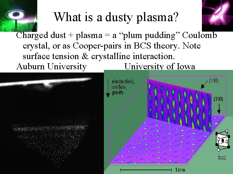 What is a dusty plasma? Charged dust + plasma = a “plum pudding” Coulomb