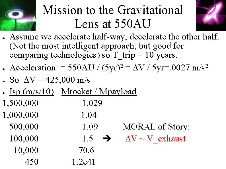 Mission to the Gravitational Lens at 550 AU Assume we accelerate half-way, decelerate the