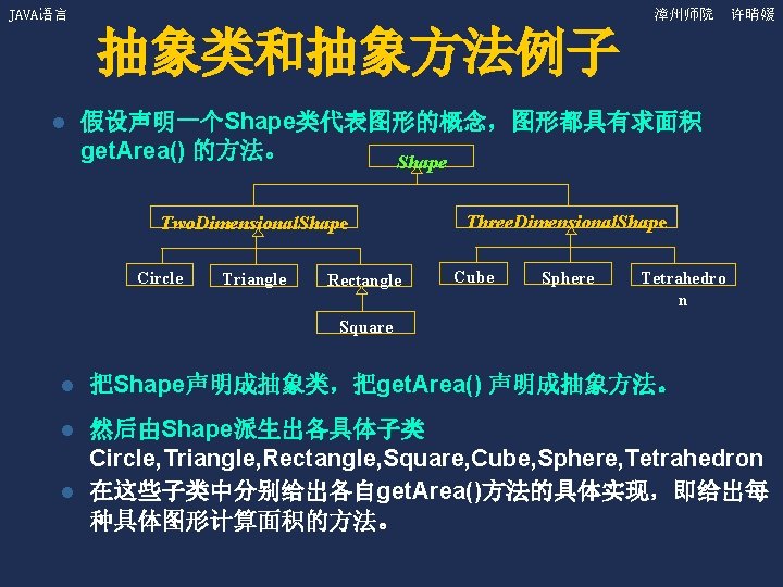 JAVA语言 漳州师院 许晴媛 抽象类和抽象方法例子 l 假设声明一个Shape类代表图形的概念，图形都具有求面积 get. Area() 的方法。 Shape Two. Dimensional. Shape Circle