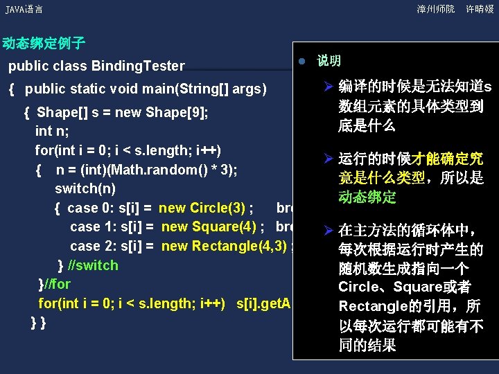 JAVA语言 漳州师院 许晴媛 动态绑定例子 public class Binding. Tester { public static void main(String[] args)