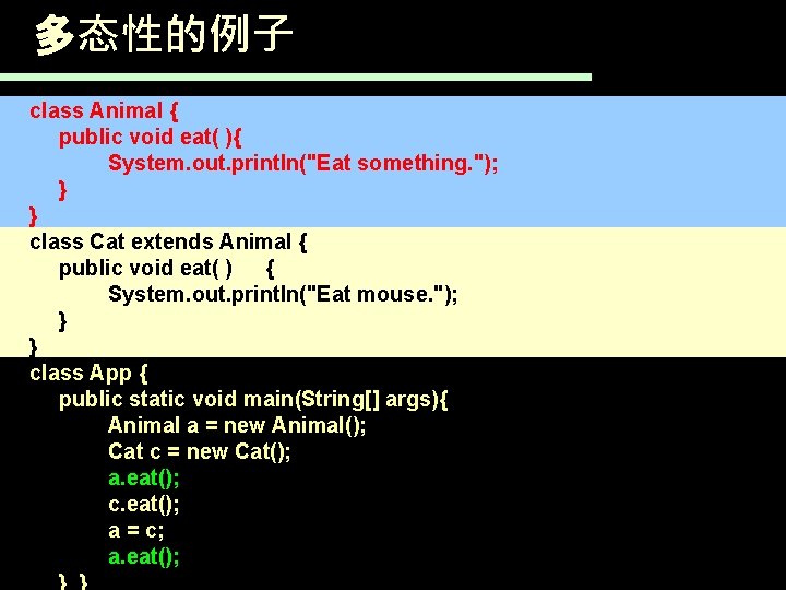 多态性的例子 class Animal { public void eat( ){ System. out. println("Eat something. "); }