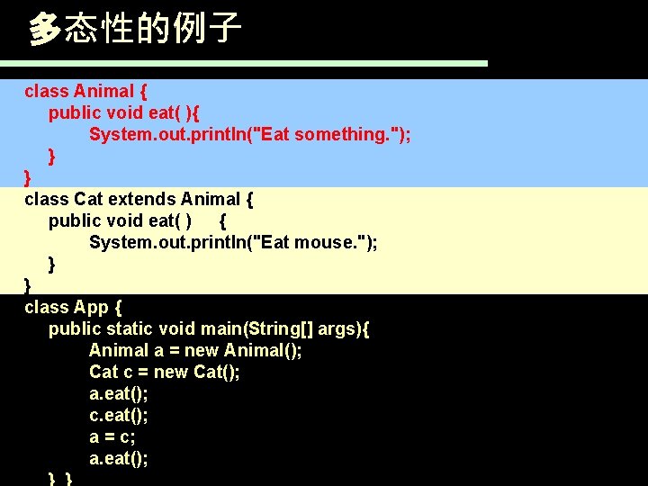 多态性的例子 class Animal { public void eat( ){ System. out. println("Eat something. "); }