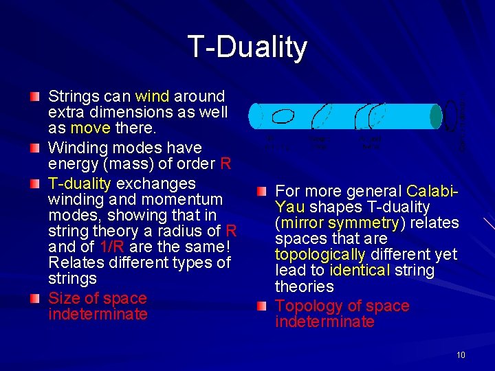 T-Duality Strings can wind around extra dimensions as well as move there. Winding modes