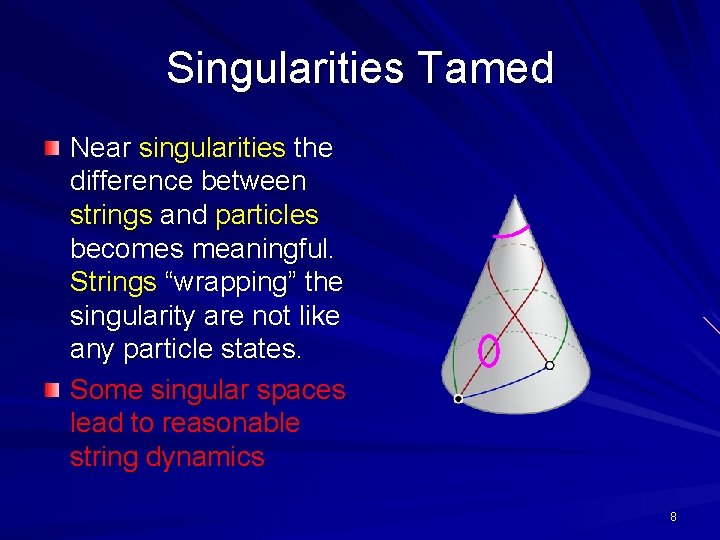 Singularities Tamed Near singularities the difference between strings and particles becomes meaningful. Strings “wrapping”