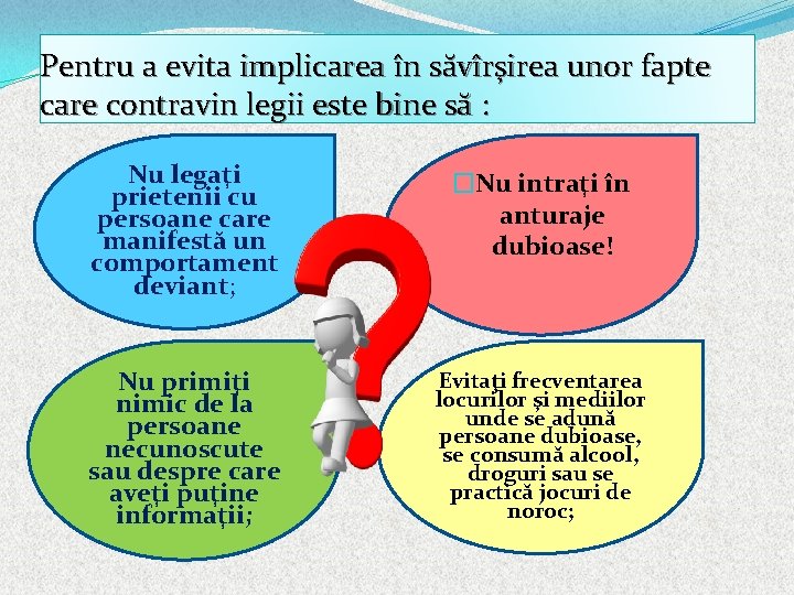 Pentru a evita implicarea în săvîrşirea unor fapte care contravin legii este bine să