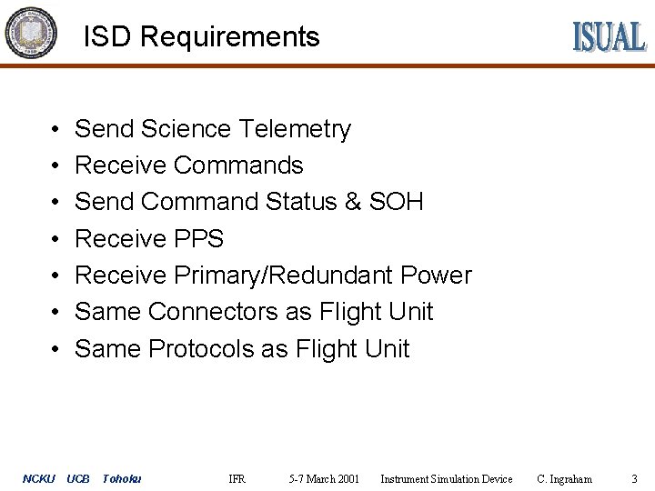 ISD Requirements • • NCKU Send Science Telemetry Receive Commands Send Command Status &