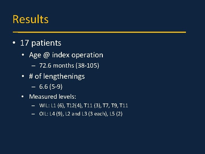 Results • 17 patients • Age @ index operation – 72. 6 months (38