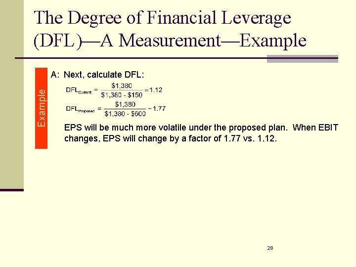 The Degree of Financial Leverage (DFL)—A Measurement—Example A: Next, calculate DFL: EPS will be