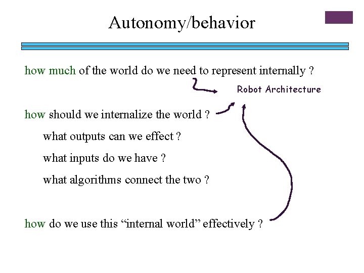 Autonomy/behavior how much of the world do we need to represent internally ? Robot