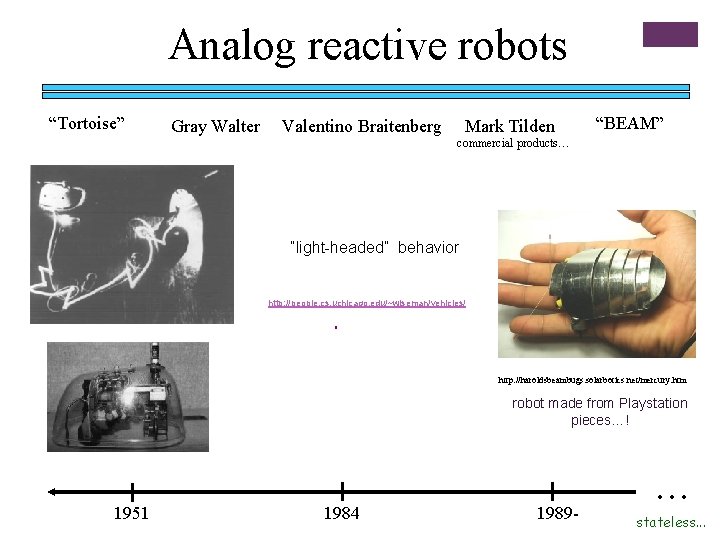 Analog reactive robots “Tortoise” Gray Walter Valentino Braitenberg Mark Tilden “BEAM” commercial products… “light-headed”