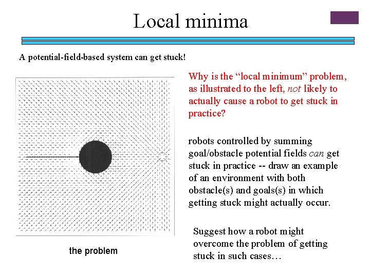 Local minima A potential-field-based system can get stuck! Why is the “local minimum” problem,