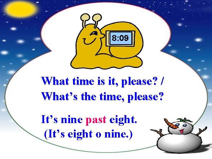 8: 09 What time is it, please? / What’s the time, please? It’s nine