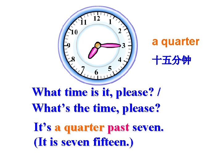 a quarter 十五分钟 What time is it, please? / What’s the time, please? It’s