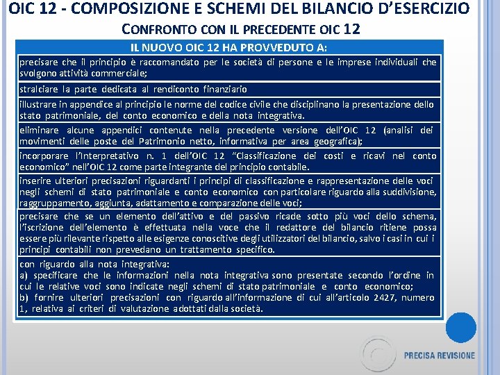 OIC 12 - COMPOSIZIONE E SCHEMI DEL BILANCIO D’ESERCIZIO CONFRONTO CON IL PRECEDENTE OIC