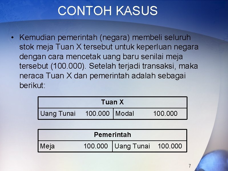 CONTOH KASUS • Kemudian pemerintah (negara) membeli seluruh stok meja Tuan X tersebut untuk