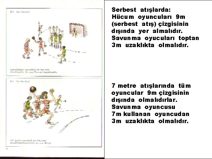 Serbest atışlarda: Hücum oyuncuları 9 m (serbest atış) çizgisinin dışında yer almalıdır. Savunma oyucuları