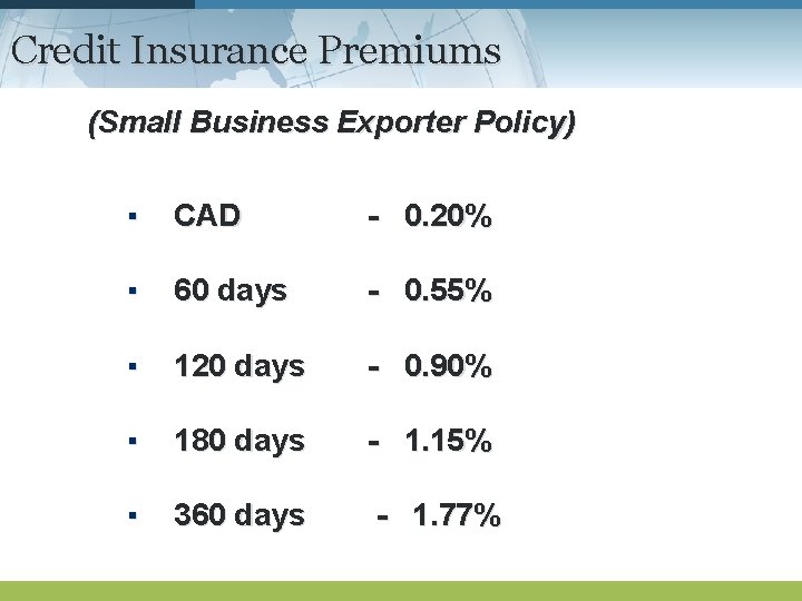 Credit Insurance Premiums (Small Business Exporter Policy) ▪ CAD - 0. 20% ▪ 60