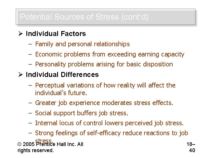 Potential Sources of Stress (cont’d) Ø Individual Factors – Family and personal relationships –