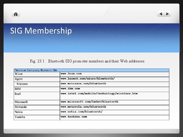 SIG Membership Fig. 23. 1 Bluetooth SIG promoter members and their Web addresses. 