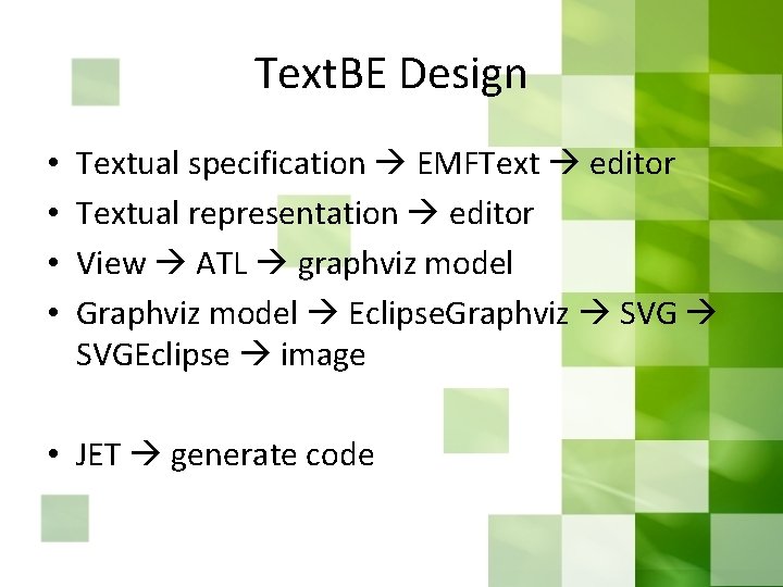 Text. BE Design • • Textual specification EMFText editor Textual representation editor View ATL