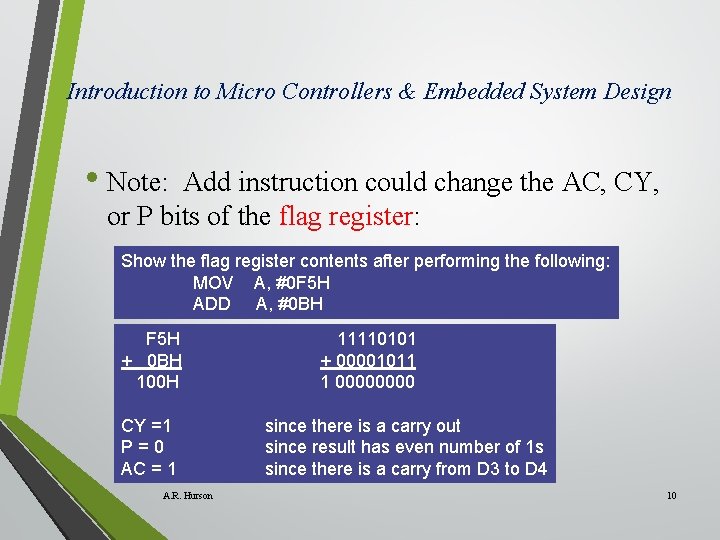 Introduction to Micro Controllers & Embedded System Design • Note: Add instruction could change
