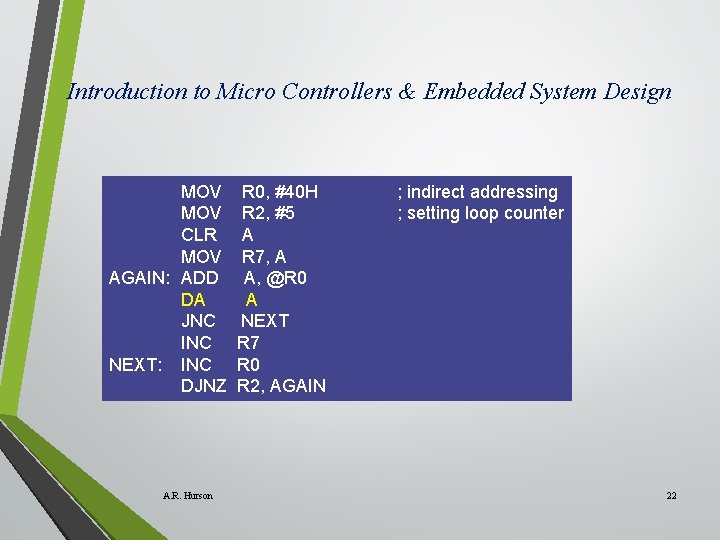 Introduction to Micro Controllers & Embedded System Design MOV CLR MOV AGAIN: ADD DA