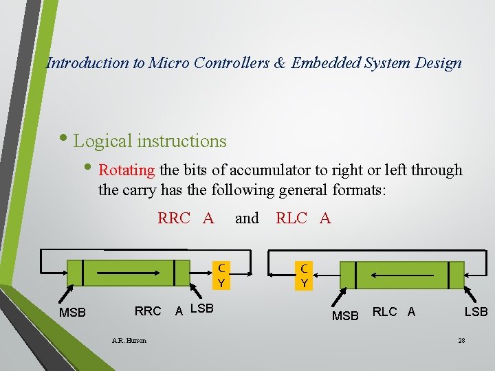 Introduction to Micro Controllers & Embedded System Design • Logical instructions • Rotating the