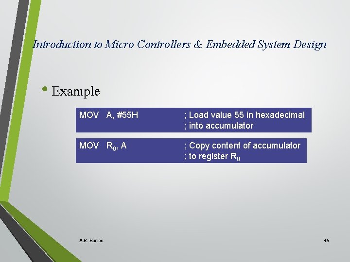 Introduction to Micro Controllers & Embedded System Design • Example MOV A, #55 H