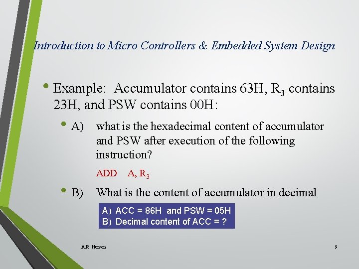 Introduction to Micro Controllers & Embedded System Design • Example: Accumulator contains 63 H,