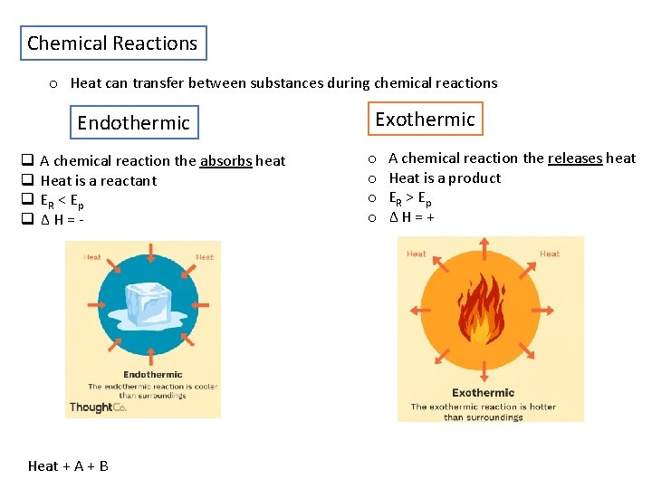 Chemical Reactions o Heat can transfer between substances during chemical reactions Endothermic q q